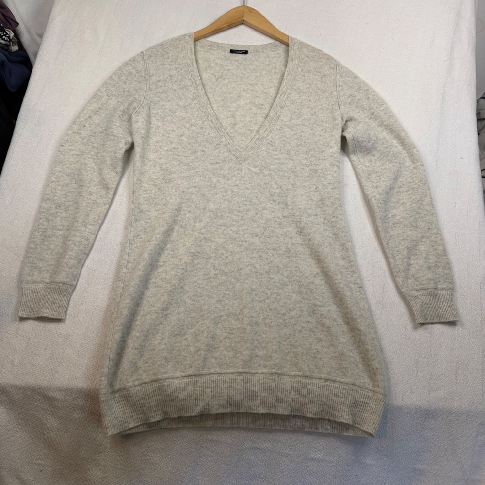 Magaschoni Womens 100% Cashmere V-Neck Longline Tunic Sweater Gray Heather